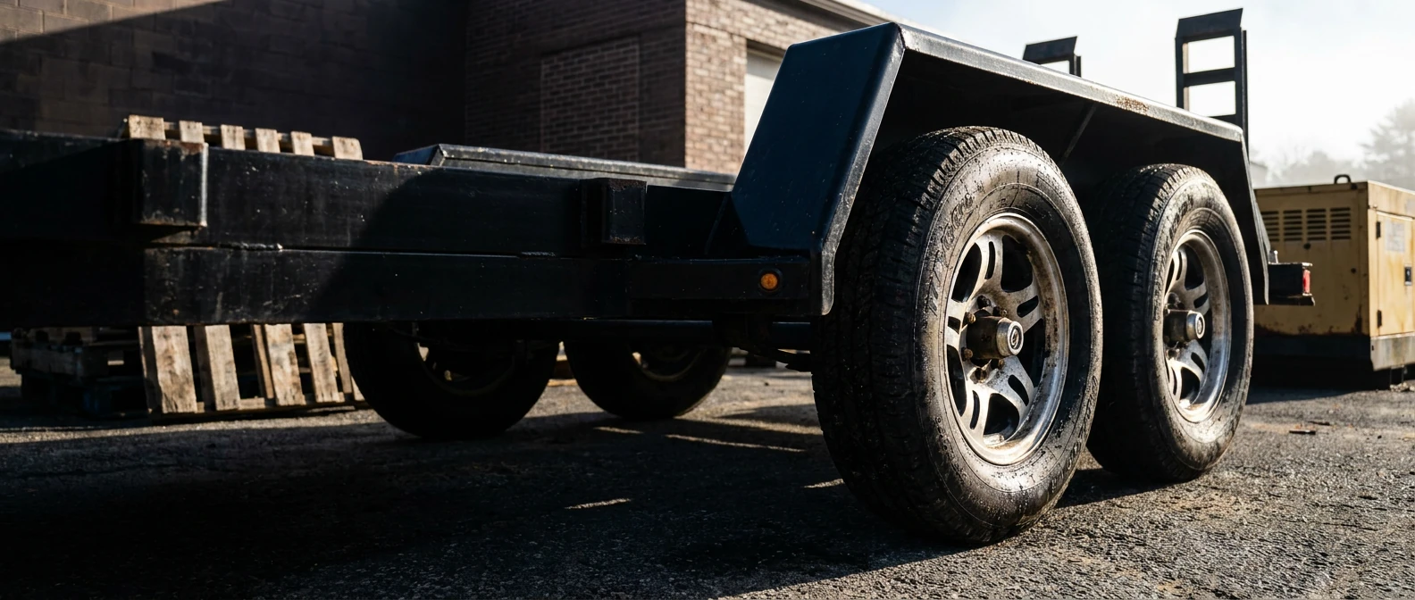 Equipment trailer wheels and black steel frame in natural directional daylight