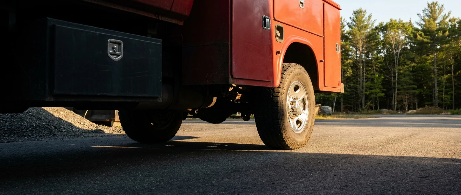 Red mobile service truck storage compartments and rear wheel lit by morning sunlight