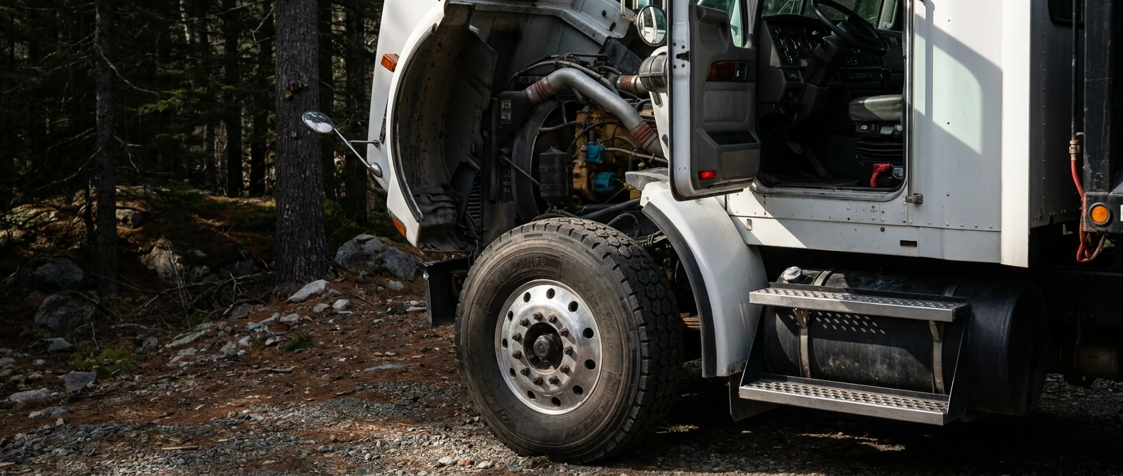 White commercial truck cab steps and front wheel beside a naturally shaded Maine tree line