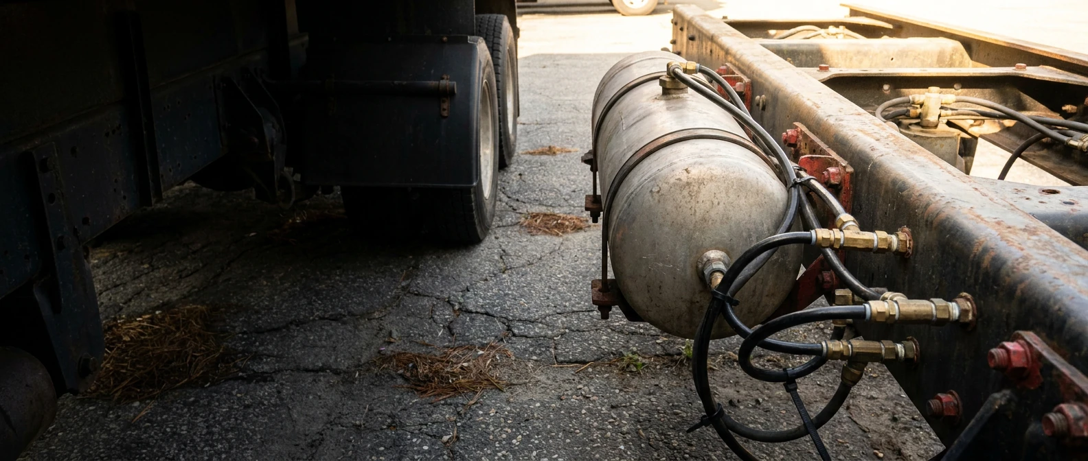 Truck air brake reservoir with brass fittings and black pneumatic lines beneath a shaded chassis